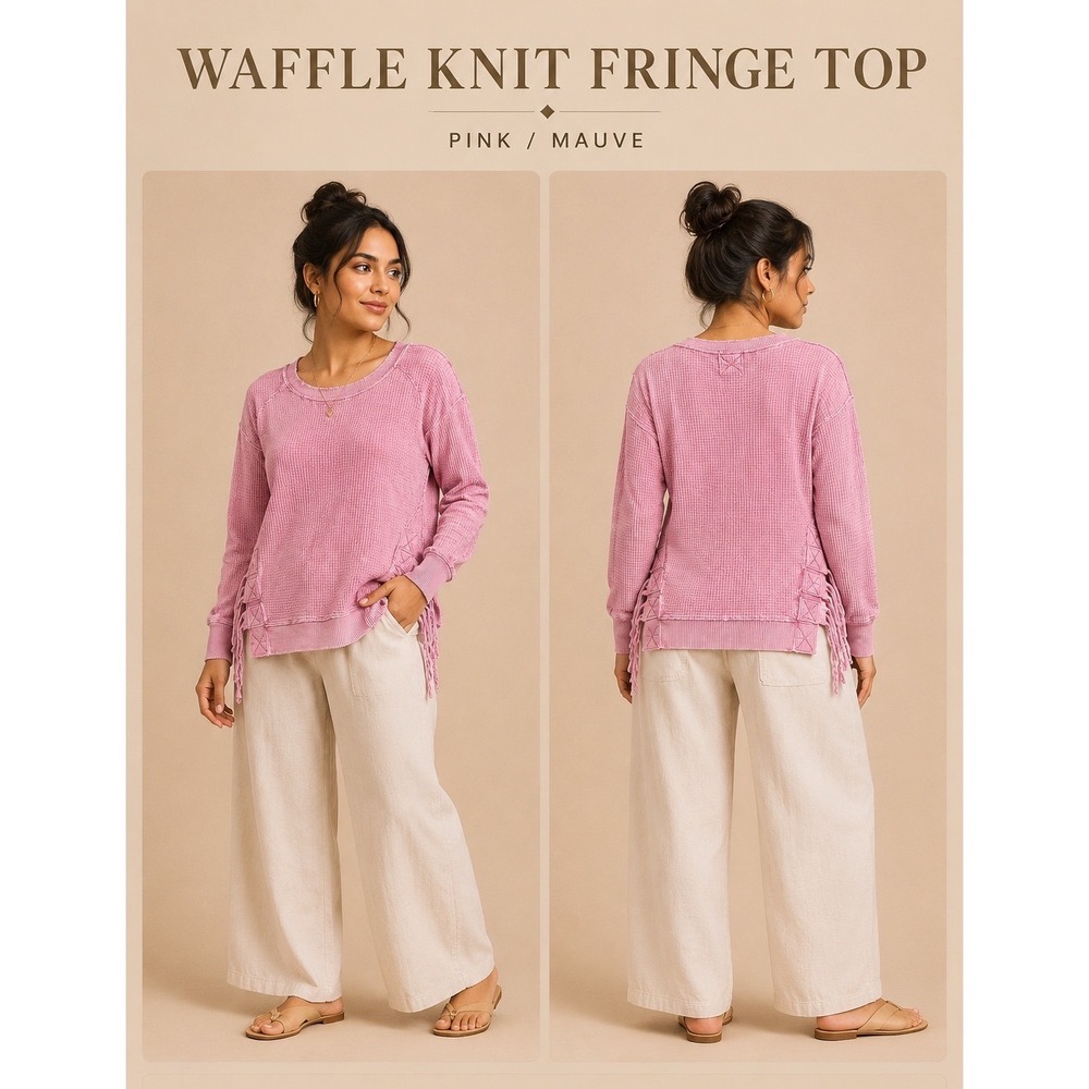 Free People One‎ Pink Waffle Knit Thermal Fringe Side Top Small Boho Long Sleeve